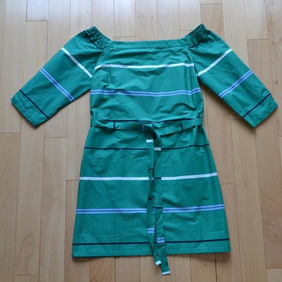 Ann Taylor Linen Shift Dress Size 4P Striped Green Pockets Belt - Picture 1 of 4